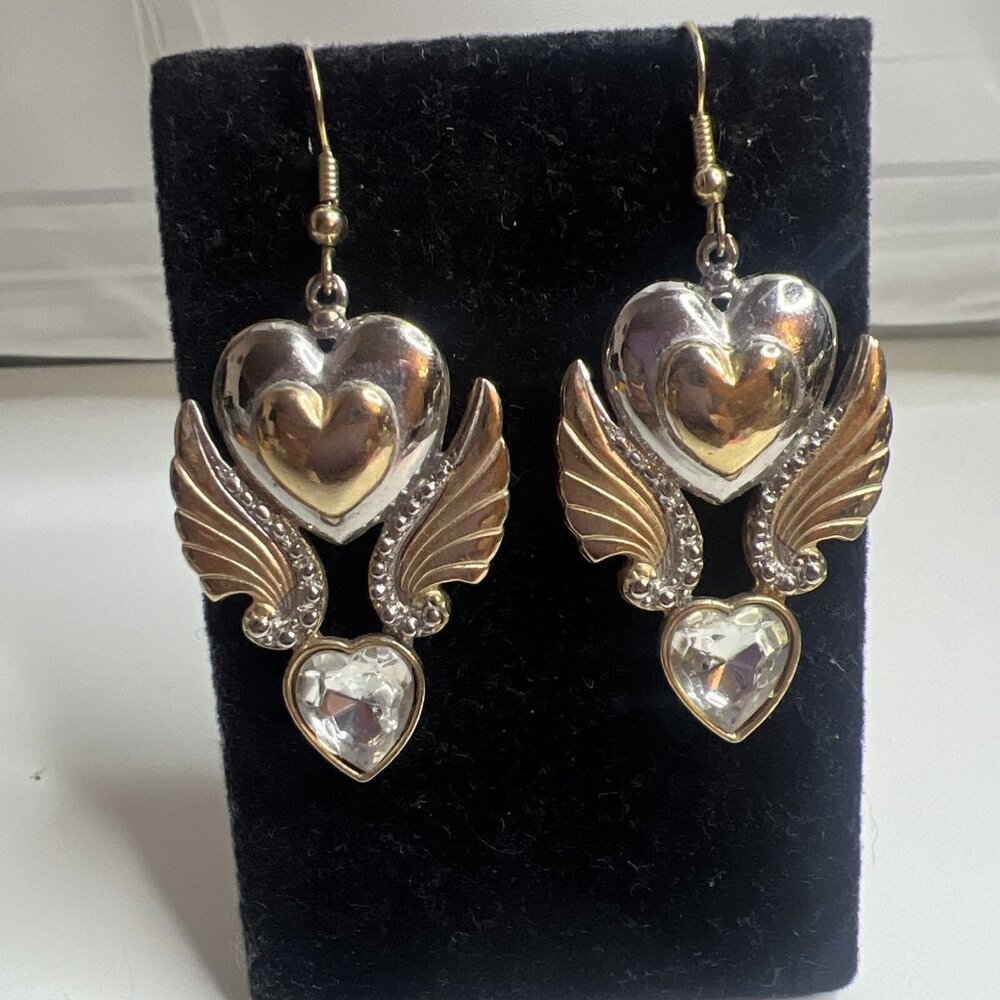 Vintage JJ‎ Jonette Angel Wings Drop Pierced Earrings gold silver tone hearth